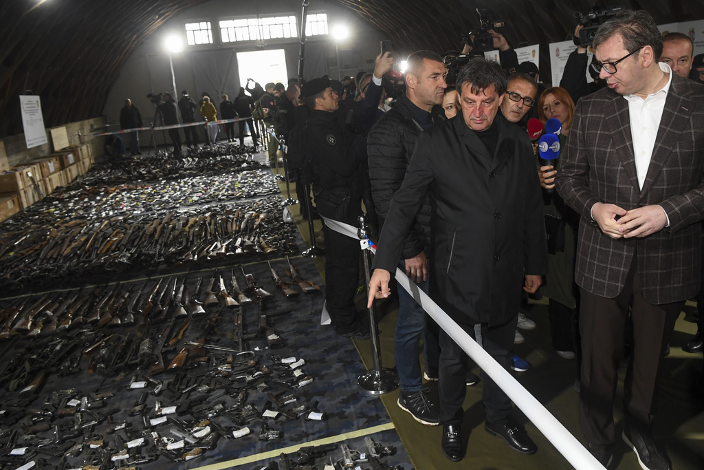 Weapons collected as part of an amnesty are displayed in a warehouse near the city of Smederevo, Serbia, Sunday, May 14, 2023.