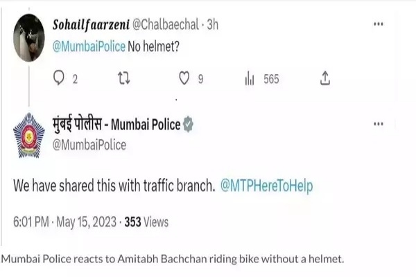 Bike ride invites trouble for Big B Anushka Sharma  Bike ride of Anushka Sharma  Bike ride of amitabh bachchan  Mumbai Police to take action against actors  Mumbai Police amitabh bachchan  Anushka Sharma bike ride  amitabh bachchan bike ride  bike ride  അനുഷ്‌ക ശർമ  ബിഗ്‌ ബി  big b  അമിതാഭ് ബച്ചൻ  അമിതാഭ് ബച്ചൻ ബൈക്ക് യാത്ര  അനുഷ്‌ക ശർമ ബൈക്ക് യാത്ര  അനുഷ്‌കക്കെതിരെ നടപടി  അമിതാഭ് ബച്ചനെതിരെ മുംബൈ പൊലീസ്  മുംബൈ ട്രാഫിക് പൊലീസ്  മുംബൈ പൊലീസ്