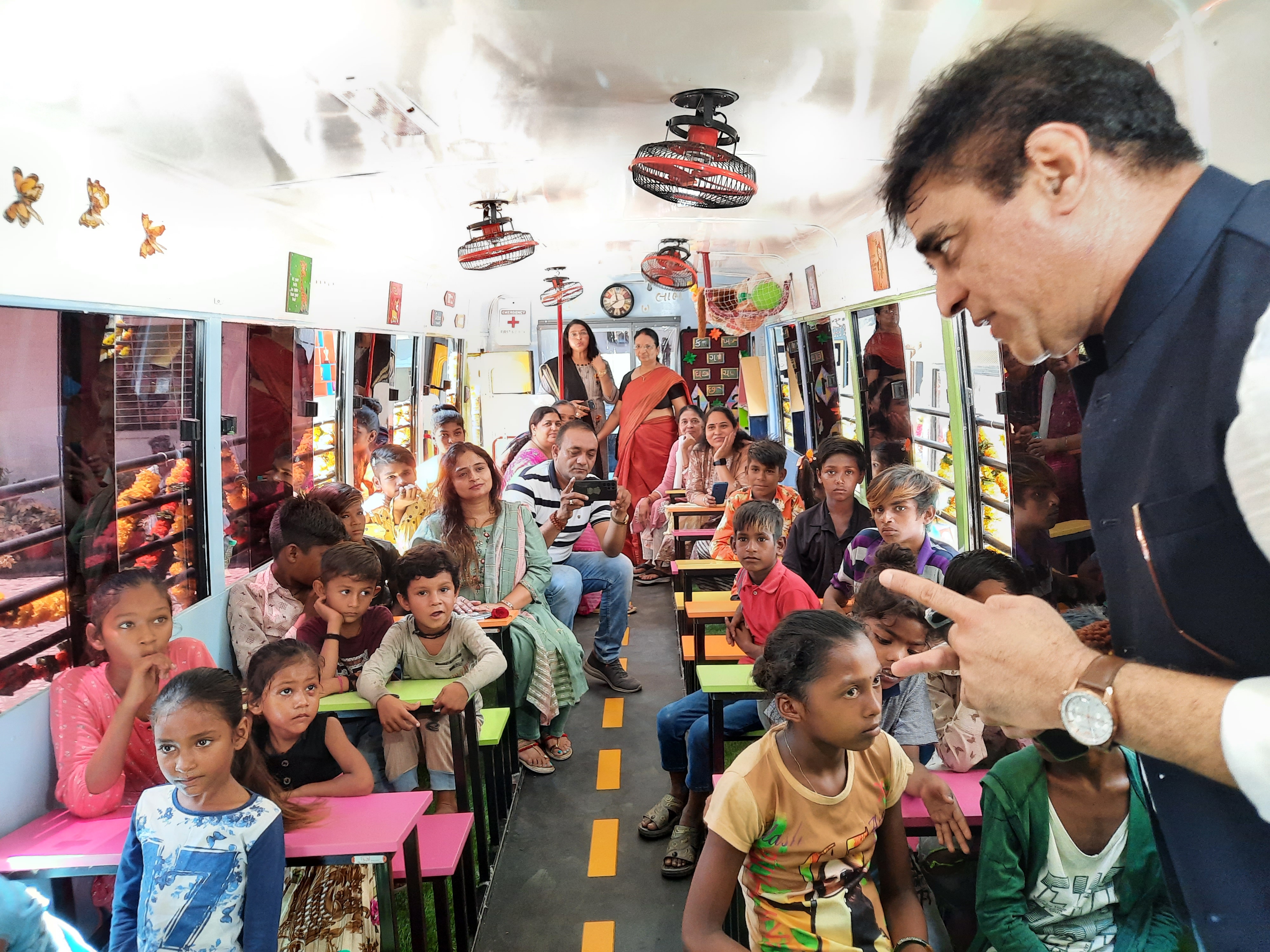 school bus converted to mobile school or bus school for poor children in gujarat surat