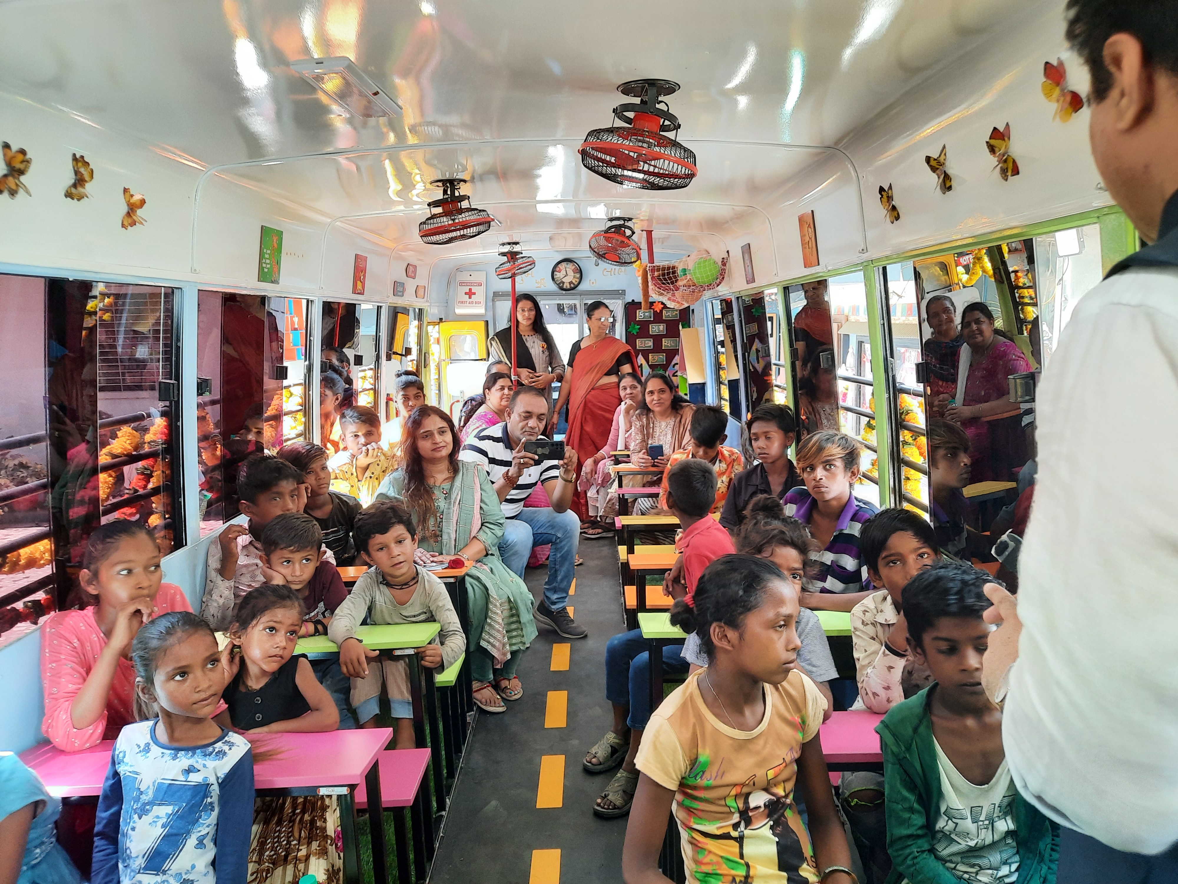 school bus converted to mobile school or bus school for poor children in gujarat surat