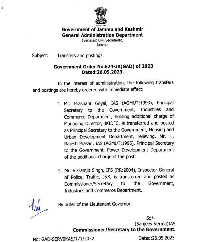 Administrative Reshuffle in JK, Two Officials Transferred