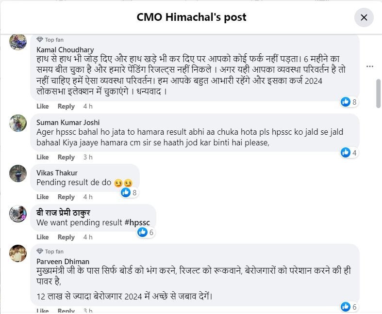 CMO Himachal के फेसबुक पेज पर युवाओं का गुस्सा