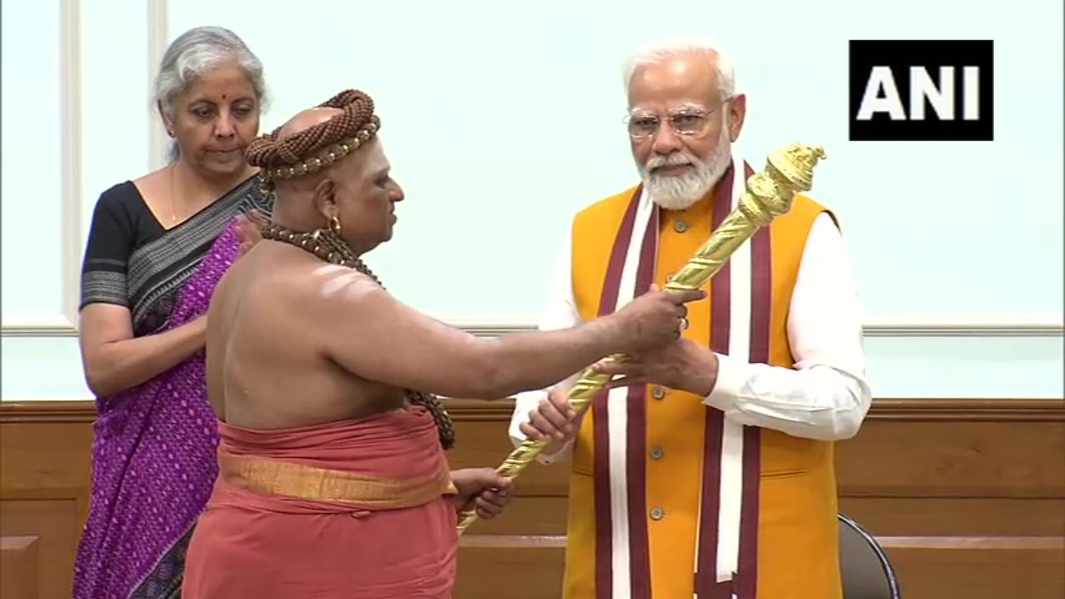 PM Modi receiving Sengol from the priest