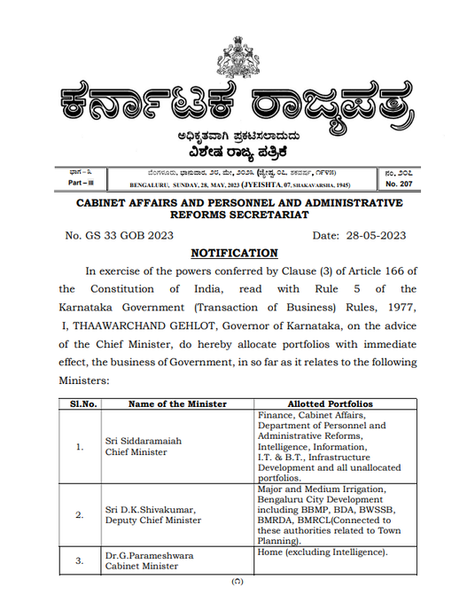 Karnataka ministerial posts Allocation  Karnataka ministers  Karnataka Govt  ധനകാര്യം സിദ്ധരാമയ്യയ്‌ക്ക്  ഡികെ ശിവകുമാറിന് ബെംഗളൂരു വികസനം  കര്‍ണാടക മന്ത്രിസഭയില്‍ വകുപ്പുകള്‍ വിഭജിച്ചു  കര്‍ണാടക മന്ത്രിസഭ  രാമലിംഗ റെഡ്ഡി