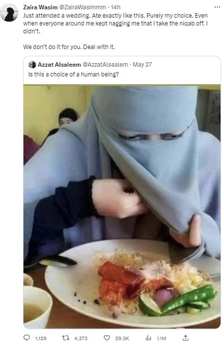 زائرہ وسیم کا نقاب پہن کر کھانا کھانے والی خاتون کی تصویر پر ردعمل، کہا 'یہ میری مرضی ہے'