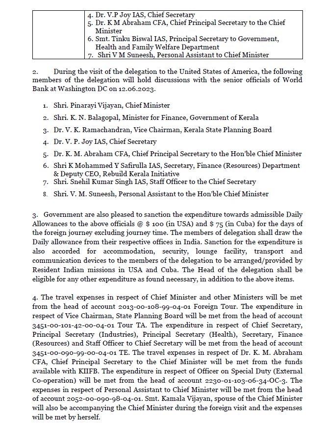 Chief Minister and Ministers  Cuba and America  Cuba  America  Central Government gave permission  മുഖ്യമന്ത്രിയും മന്ത്രിമാരും വിദേശത്തേക്ക്  മുഖ്യമന്ത്രി  മന്ത്രി  വായ്‌പ പരിധി ആരോപണങ്ങളില്‍ കൊമ്പുകോര്‍ക്കുമ്പോഴും  യാത്ര അനുമതി നല്‍കി കേന്ദ്രം  യാത്ര  അമേരിക്ക  ക്യൂബ  മുഖ്യമന്ത്രിയുടെയും സംഘത്തിന്‍റെയും സന്ദര്‍ശനം  വായ്‌പ പരിധി