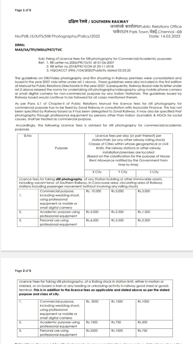 மதுரை ரயில் நிலையத்தில் திருமண புகைப்படங்கள் எடுப்பதற்கான கட்டண விவரம் மற்றும் வழிகாட்டு நெறிமுறைகள்