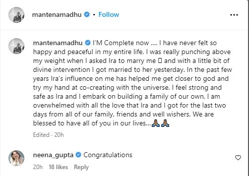 Neena Gupta congratulates ex-son-in-law Madhu Mantena on his second marriage