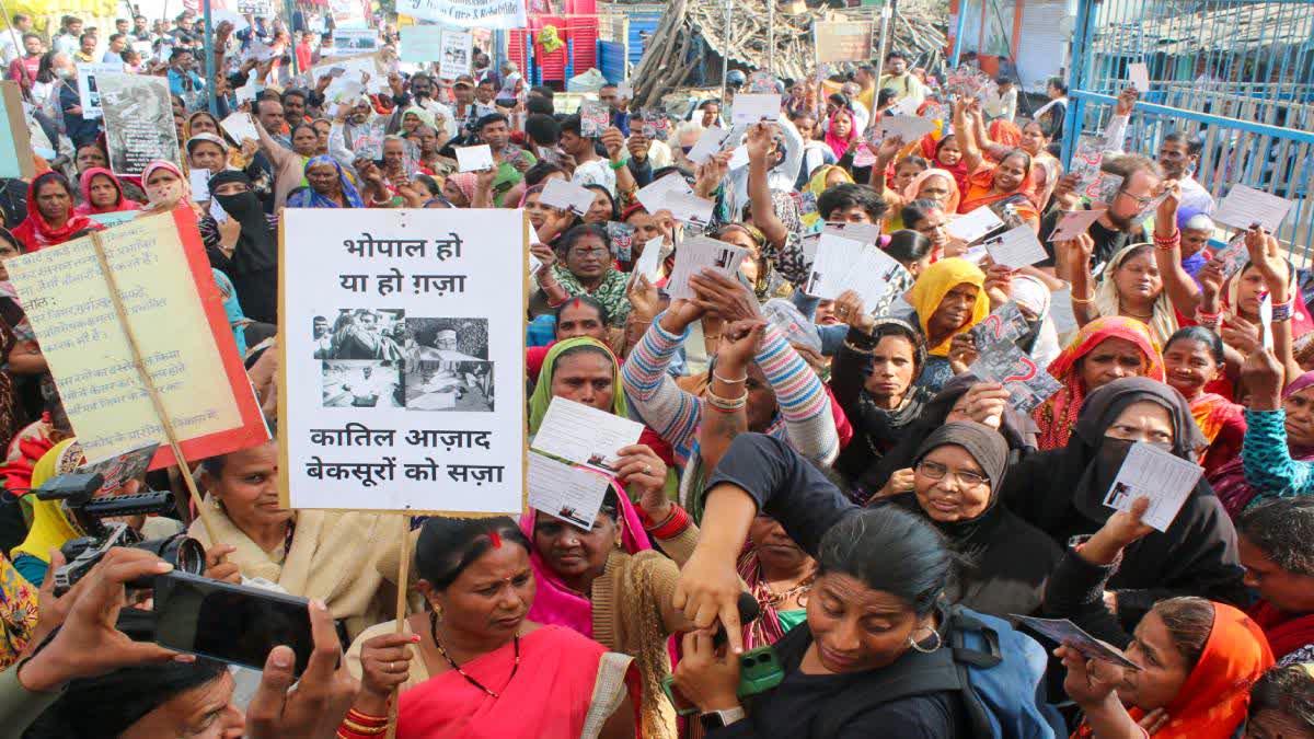 Affected people of the Bhopal gas tragedy take part in a rally on the 40th anniversary of the disaster