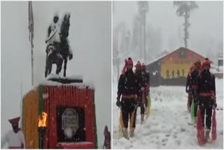 in snow covered environment  army personnel salute to chhatrapati shivaji maharaj in kashmir