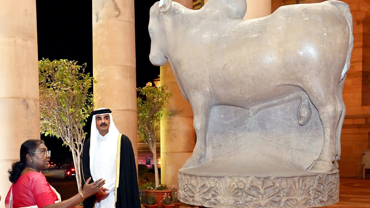 In this image by RASHTRAPATI BHAVAN on Tuesday, Feb. 18, 2025, President Droupadi Murmu with the Amir of the State of Qatar Sheikh Tamim Bin Hamad Al-Thani during a banquet hosted in his honour at the Rashtrapati Bhavan, in New Delhi. Prime Minister Narendra Modi is also seen.