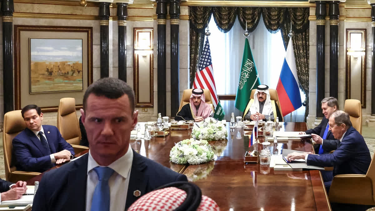 U.S. Secretary of State Marco Rubio, left, Saudi Foreign Minister Prince Faisal bin Farhan Al Saud, Saudi National Security Advisor Mosaad bin Mohammad Al-Aiban, Russian Foreign Minister Sergei Lavrov, right, and Russian President Vladimir Putin's foreign policy advisor Yuri Ushakov, second right, attend their meeting at Diriyah Palace, in Riyadh, Saudi Arabia, Tuesday Feb. 18, 2025.