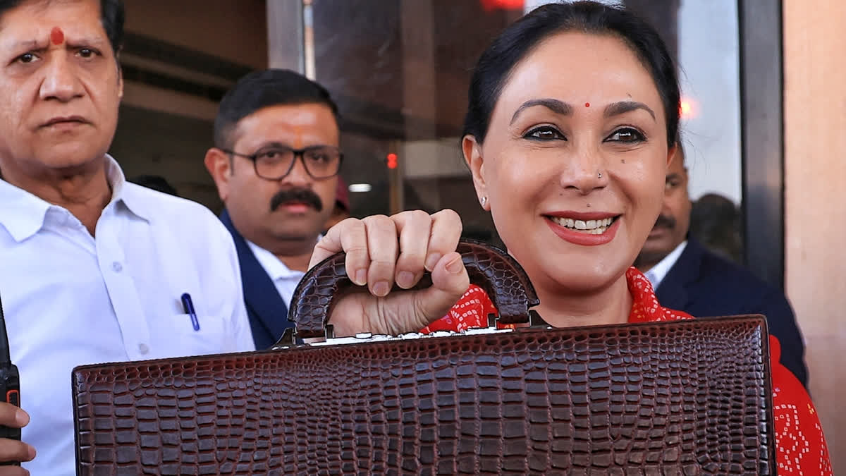 Rajasthan Deputy Chief Minister Diya Kumari arrives to present the State Budget in the Assembly, in Jaipur, Wednesday, Feb. 19, 2025.