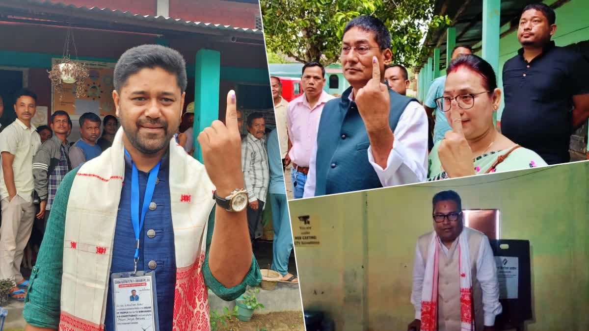 BJP CANDIDATE Pradan Baruah, Topon Kumar Gogoi AND INDI CANDIDATE lurinjyoti gogoi CASTS THEIR VOTES