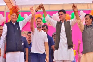 Congress leader Rahul Gandhi (C) campaigning for Congress candidates in Rajasthan for the Lok Sabha election 2024
