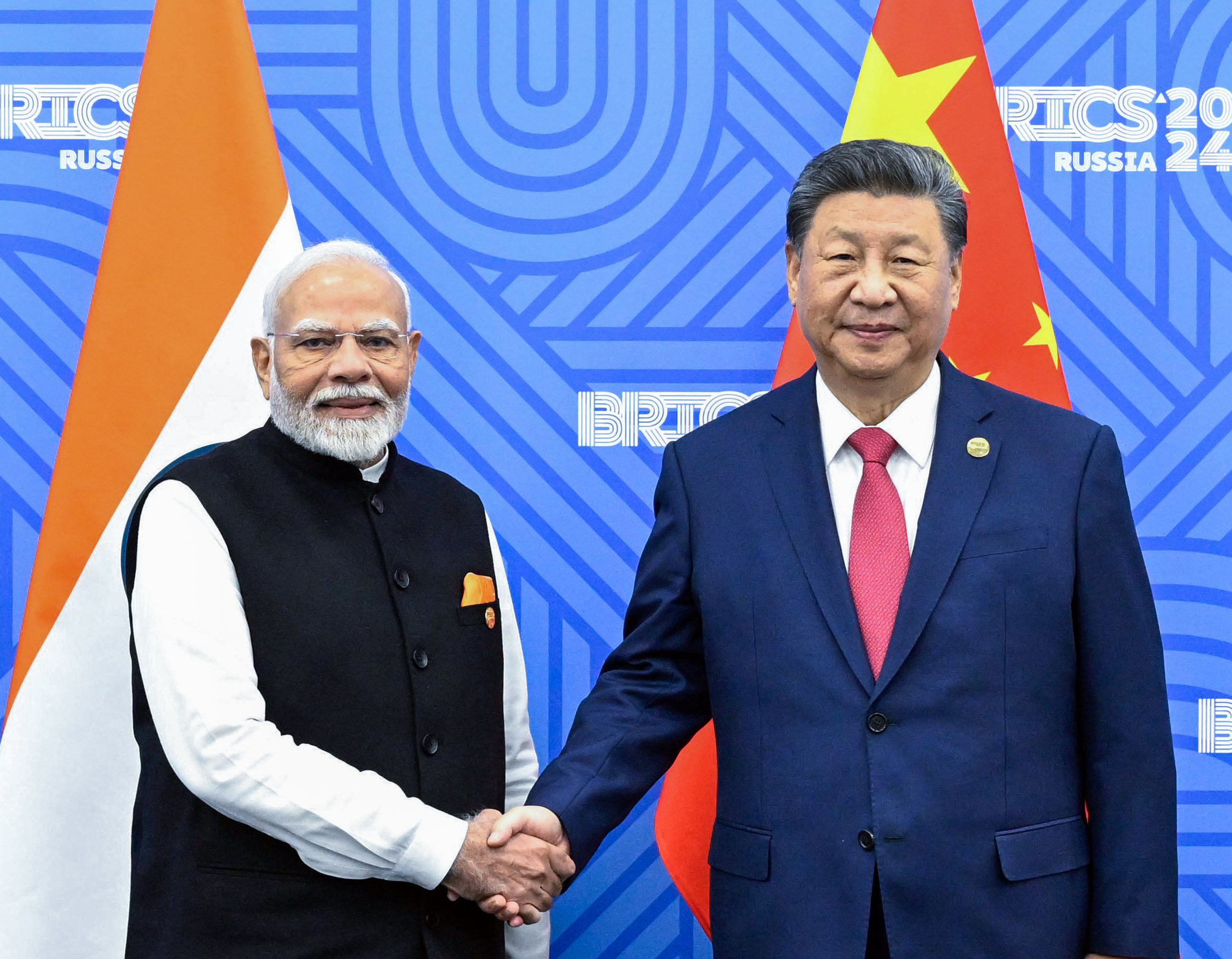 Prime Minister Narendra Modi meets Chinese President Xi Jinping on the sidelines of the BRICS Summit, in Kazan on 23 Oct, 2024