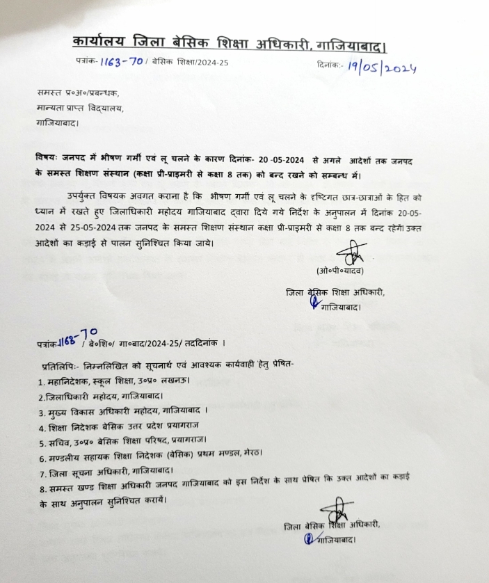 गाजियाबाद में 8वीं तक के स्कूल 25 मई तक बंद, इस संबंध में जिला बेसिक शिक्षा अधिकारी द्वारा आदेश भी जारी किया गया है.