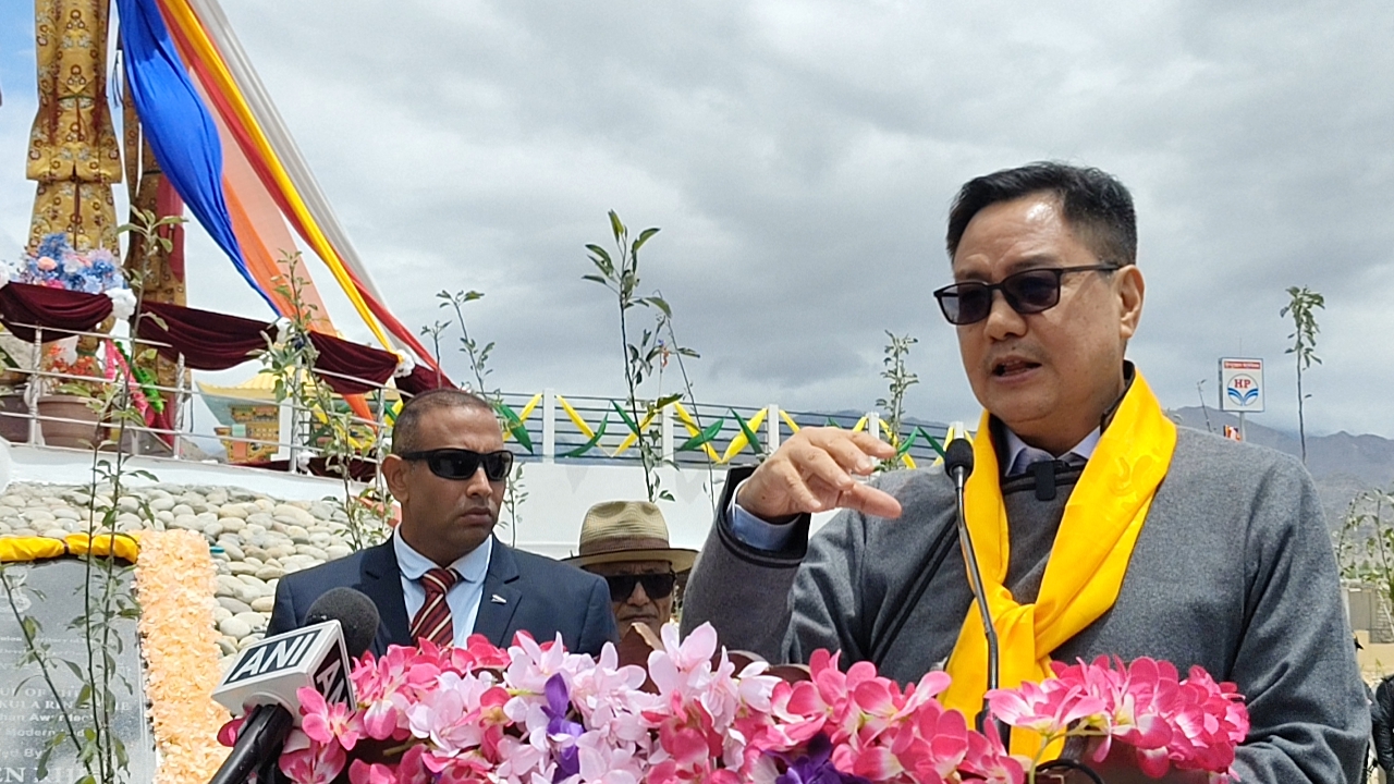 Union Minister for Minority Affairs, Kiren Rijiju speaks at the unveiling of statue of 19th Kushok Bakula Rinpoche at the Bakula Rinpoche Memorial Park near Raj Niwas in Leh district of Ladakh.