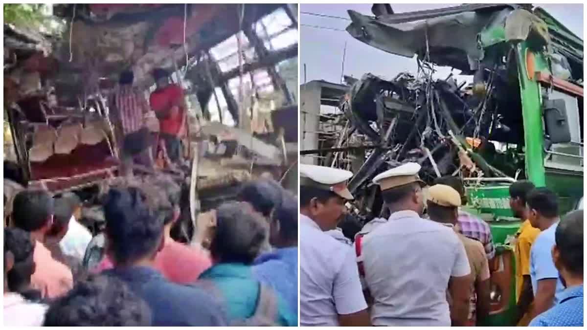 5 people died  70 people injured  collision between two private buses  collision between two private buses in TamilNadu  ಎರಡು ಬಸ್‌ಗಳ ಮಧ್ಯೆ ಮುಖಾಮುಖಿ ಡಿಕ್ಕಿ  ಭೀಕರ ಅಪಘಾತದಲ್ಲಿ ಐವರು ಸಾವು  ಸುಮಾರು ಐದು ಜನ ಸಾವನ್ನಪ್ಪಿರುವುದಾಗಿ ವರದಿ  ಜಿಲ್ಲೆಯಲ್ಲಿ ಭೀಕರ ರಸ್ತೆ ಅಪಘಾತ  ಖಾಸಗಿ ಬಸ್ ಚಾಲಕರು ಸ್ಥಳದಲ್ಲೇ ಮೃತ  ಸ್ಥಳೀಯರು ರಕ್ಷಣಾ ಕಾರ್ಯಾಚರಣೆ  ಸ್ಥಳಕ್ಕೆ ದೌಡಾಯಿಸಿದ ಪೊಲೀಸರು