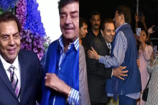 Dharmendra Shatrughan Sinha Karan Deol and Drisha Acharya  Dharmendra  Shatrughan Sinha  Karan Deol  Drisha Acharya  Karan Deol and Drisha Acharya  Karan Deol and Drisha Acharya wedding  ധർമേന്ദ്രയും ശത്രുഘ്നൻ സിൻഹയും  ധർമേന്ദ്ര  ശത്രുഘ്നൻ സിൻഹ  വൈറല്‍ വീഡിയോ  സണ്ണി ഡിയോൾ  കരൺ ഡിയോളും ദൃഷ ആചാര്യയും  കരൺ ഡിയോൾ ദൃഷ ആചാര്യ വിവാഹം  വീഡിയോ വൈറല്‍  വാരിപ്പുണർന്ന് ധർമേന്ദ്രയും ശത്രുഘ്നൻ സിൻഹയും  Dharmendra and Shatrughan Sinha viral video