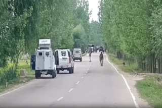 Armoured vehicles on standby at the site of encounter between militants and security forces in Sopore area of Jammu and Kashmir's Baramulla district on Wednesday June 19, 2024