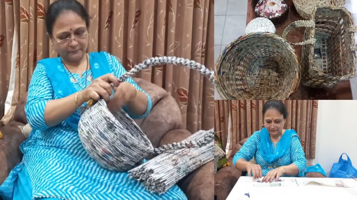 woman makes baskets from waste papers