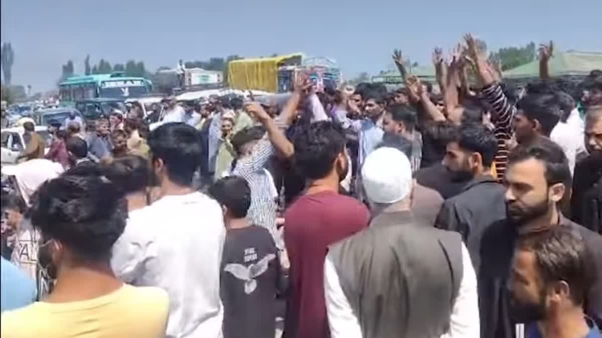 Locals protest against water shortage at Chanibal village in north Kashmir's Baramulla district on Friday, July 19, 2024