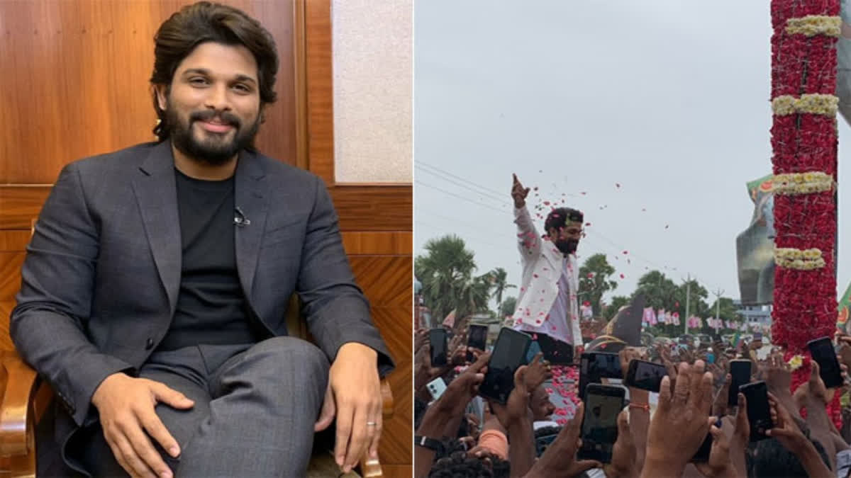 Icon Star Allu Arjun, who arrived in the Nalgonda district of Telangana on Saturday, was accorded a warm welcome by his fans. Bharata Rashtra Samithi (BRS) leader and his father-in-law Kancharla Chandrasekhar Reddy invited Allu Arjun as the chief guest for the inauguration of the Kancharla Convention Hall, which was constructed at Battugudem village in Peddavoora mandal of Nalgonda district