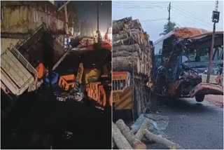 നീണ്ടകര വാഹനാപകടം  വാഹനാപകടം  Neendakara ksrtc volvo bus Accident  കെഎസ്‌ആർടിസി വൊൾവോ ബസ് അപകടം  കെഎസ്‌ആർടിസി ലോറികളിൽ ഇടിച്ചു  ബസ് അപകടം  Accident  ksrtc volvo bus collided with lorry  Neendakara accident  bus accident