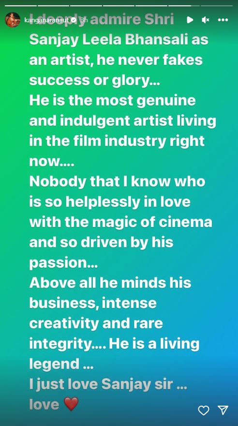 Actor Kangana Ranaut has heaped praise on filmmaker Sanjay Leela Bhansali and called him a 'living god and legend’. Kangana took to Instagram, where she posted a note talking about how she could not take up roles and a number offered by the filmmaker.