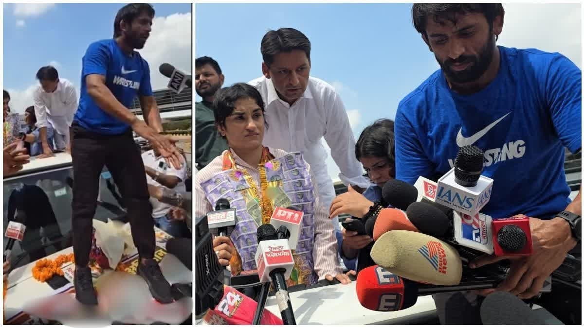 Vinesh Phogat arrived in Delhi on Saturday and received a heartwarming welcome for performing exceptionally well. Her fellow Indian wrestlers, Bajrang Punia and Sakshi Malik, were present at the Delhi airport to receive her and were seen crying bitterly. However, while returning to her home, Bajrang Punia got into trouble when he was seen standing on a 'tricolour' poster.