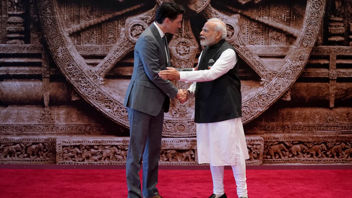 Indian Prime Minister Narendra Modi welcomes Canada Prime Minister Justin Trudeau upon his arrival at Bharat Mandapam convention center for the G20 Summit, in New Delhi, India, Saturday, Sept. 9, 2023. (AP)