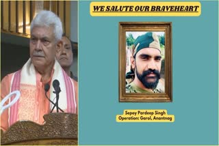 Etv Bharatmanoj-sinha-pays-tribute-to-the-soldier-killed-in-kokernag-encounter