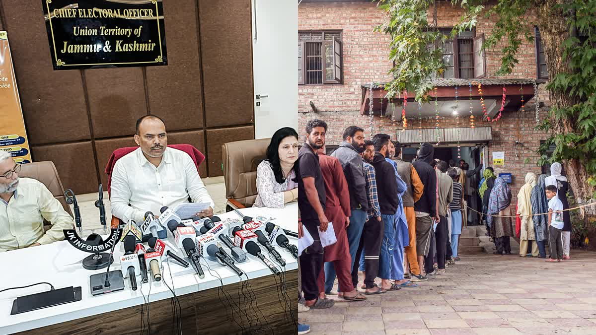 Chief Electoral Officer J-K PK Pole adresses a presser after conclusion of first phase of assembly polls (L) and voters queue up outside a polling station to cast their vote in Pulwama