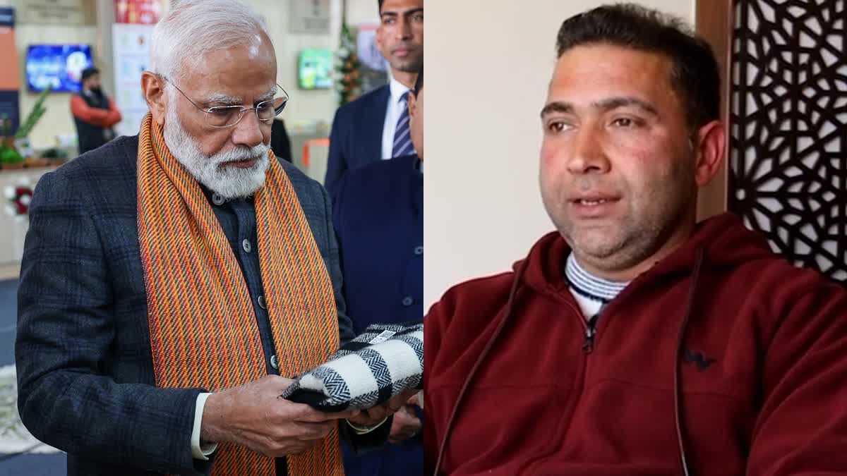 PM Modi (L) and Kashmiri farmer Irshad Hussain