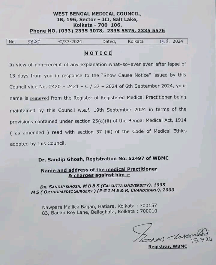 Medical Council Cancels Registration of Sandip Ghosh