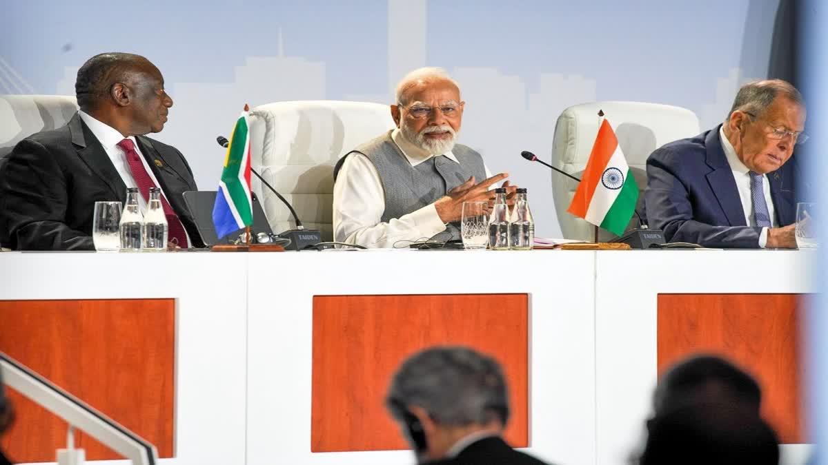 Prime Minister Narendra Modi addresses a media conference on the sidelines of the 15th BRICS Summit,