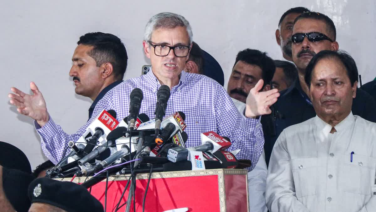 Jammu and Kashmir Chief Minister Omar Abdullah addresses the Jammu and Kashmir National Conference (JKNC) workers during a program, in Jammu on Saturday.