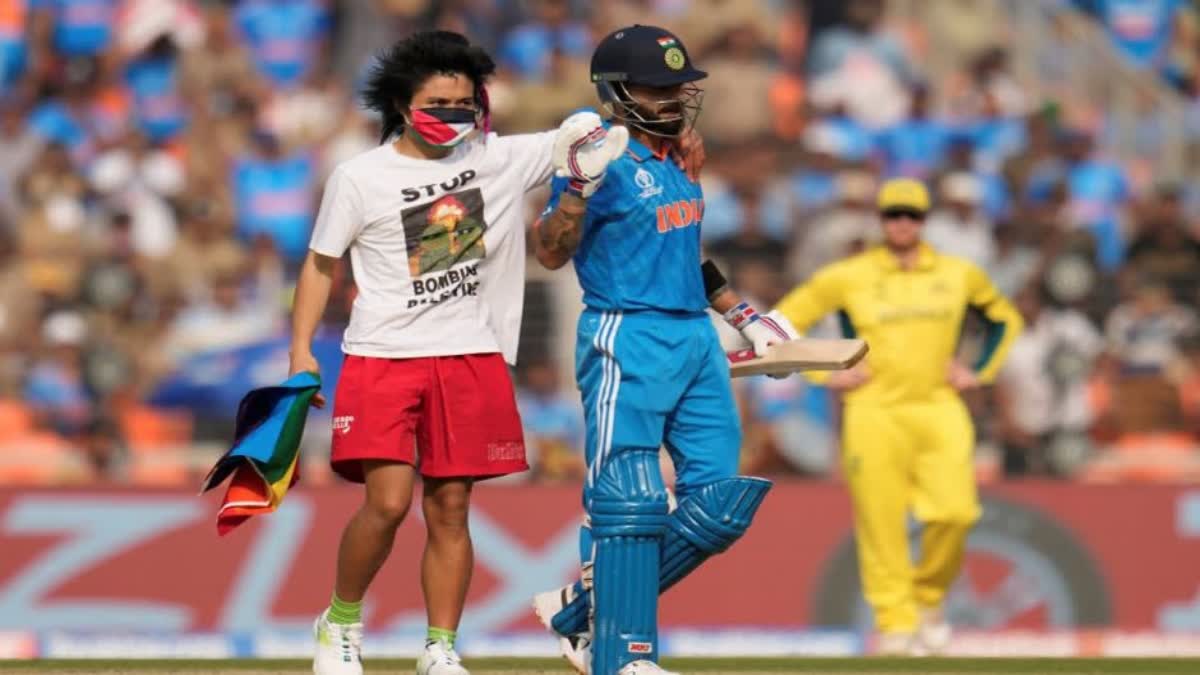 World Cup 2023 final: Man wearing STOP BOMBING PALESTINE t shirt tries to hug Virat Kohli at pitch