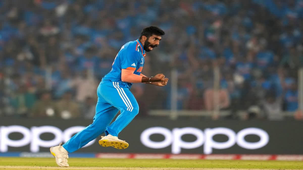India's Jasprit Bumrah celebrates the wicket of Australia's Steve Smith during the ICC Men's Cricket World Cup final match between India and Australia in Ahmedabad, India, Sunday, Nov.19, 2023. (AP)