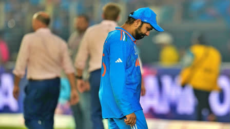 India's captain Rohit Sharma walks back to pavilion after his team lost to Australia by 6 wickets during the ICC Men's Cricket World Cup final match in Ahmedabad, India, Sunday, Nov.19, 2023. (AP Photo/Aijaz Rahi)