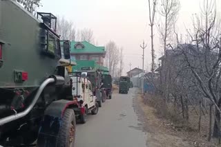 Armoured vehicles on standby at the site of encounter in Kulgam, Jammu and Kashmir. Farooq Ahmad alias Nali was killed in the encounter