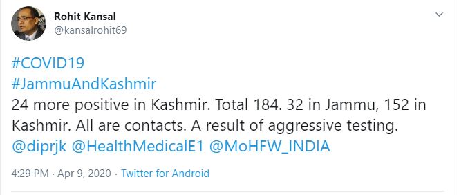 coronavirus: 24 more positive cases reported in jammu and kashmir, toll reaches to 184