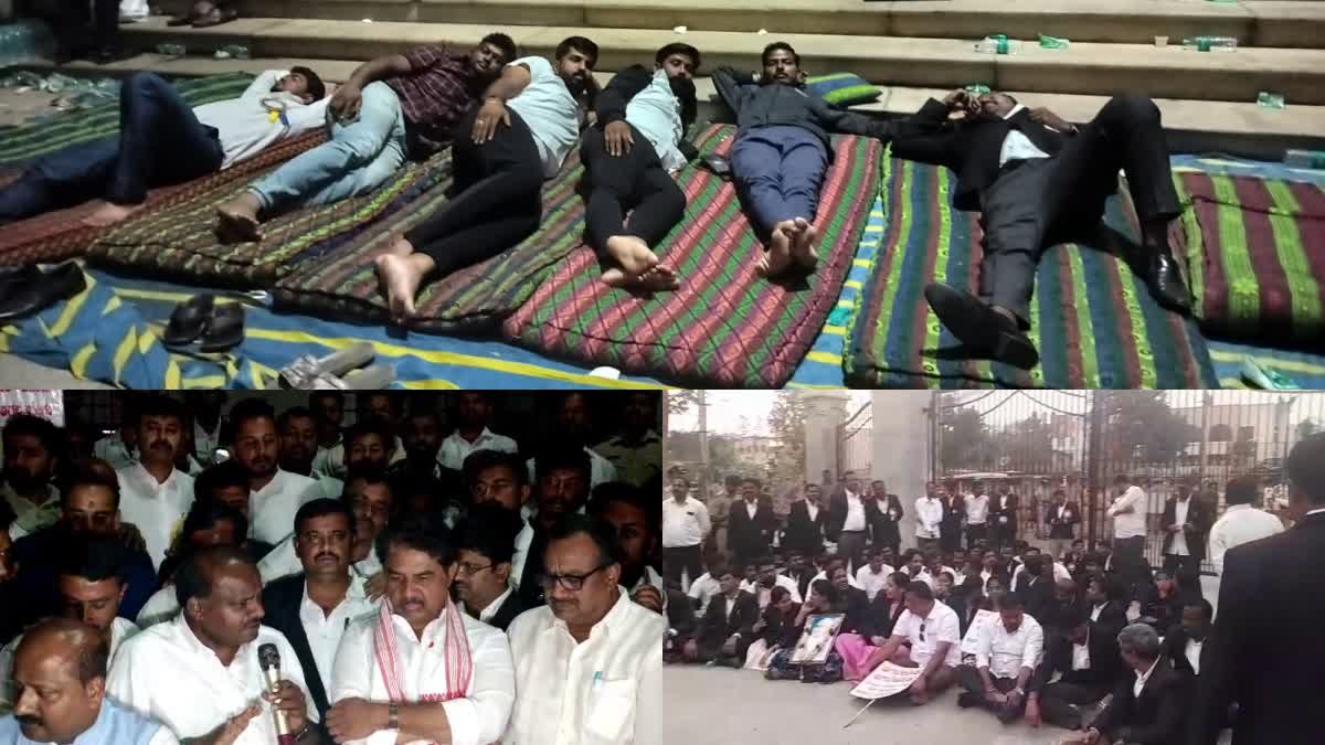 Lawyers protest  demanding suspension of PSI  ವಕೀಲರ ಅಹೋರಾತ್ರಿ ಧರಣಿ  ಪಿಎಸ್ಐ ಅಮಾನತ್ತಿಗೆ ಆಗ್ರಹ