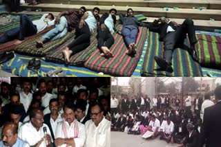 Lawyers protest  demanding suspension of PSI  ವಕೀಲರ ಅಹೋರಾತ್ರಿ ಧರಣಿ  ಪಿಎಸ್ಐ ಅಮಾನತ್ತಿಗೆ ಆಗ್ರಹ