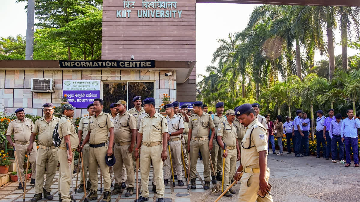 Police personnel keep vigil at the campus of Kalinga Institute of Industrial Technology (KIIT) amid protests over the death of a Nepali student on KIIT campus, in Bhubaneswar, Tuesday, Feb. 18, 2025.