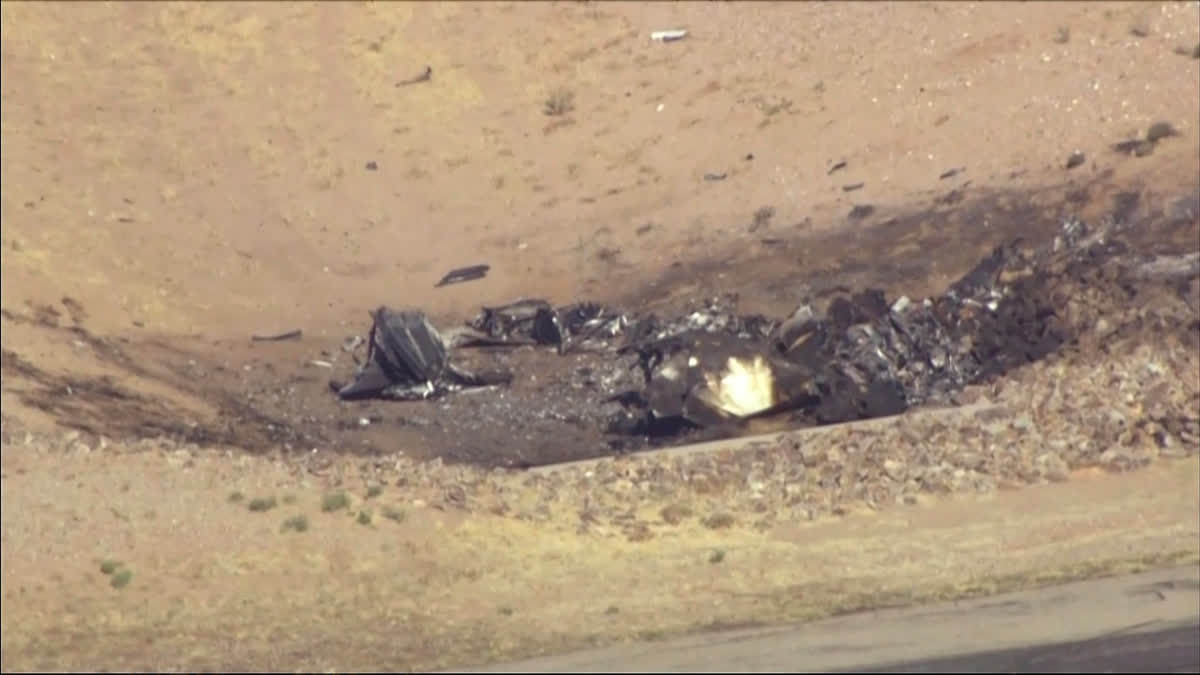 In this image taken from video, plane debris seen from above at Marana Regional Airport after a deadly crash in Marana, Ariz. on Wednesday, Feb 19, 2025.