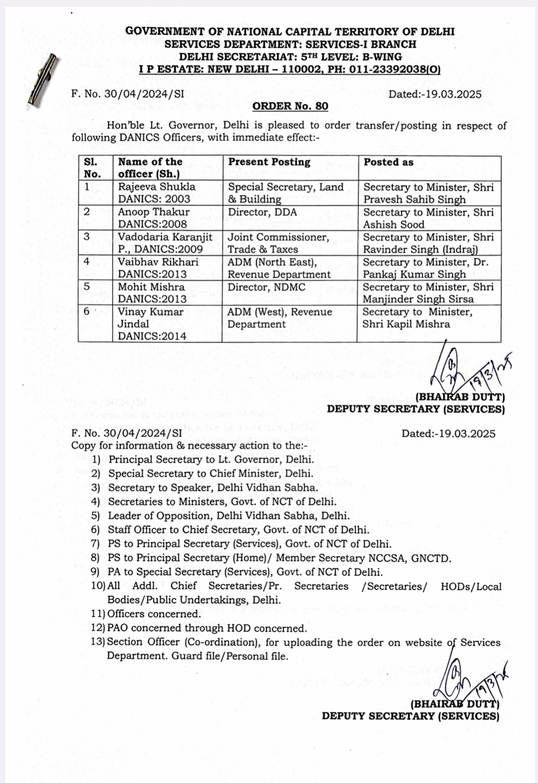 सभी अधिकारियों की तबादले उपराज्यपाल के आदेश पर