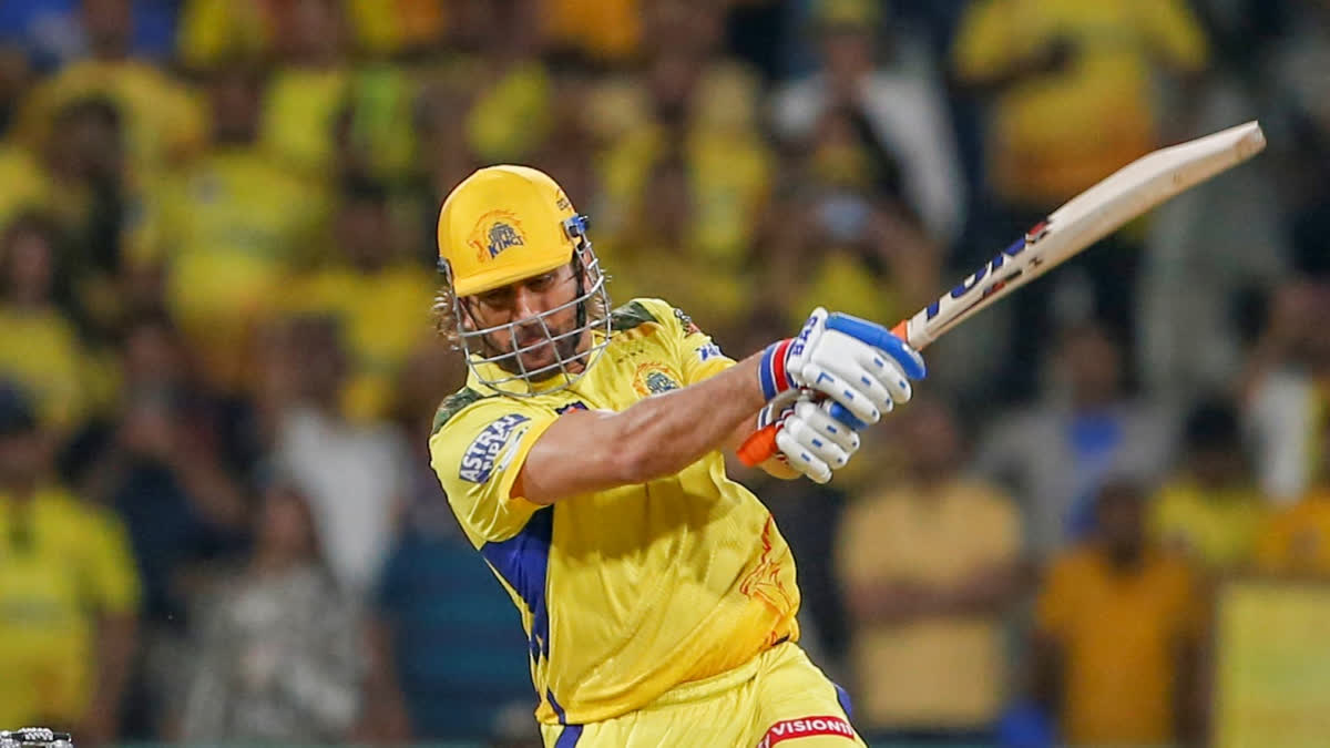 Chennai Super Kings' MS Dhoni hits a boundary during the Indian Premier League cricket match between Chennai Super Kings and Lucknow Super Giants in Lucknow, India, Friday, April 19, 2024.