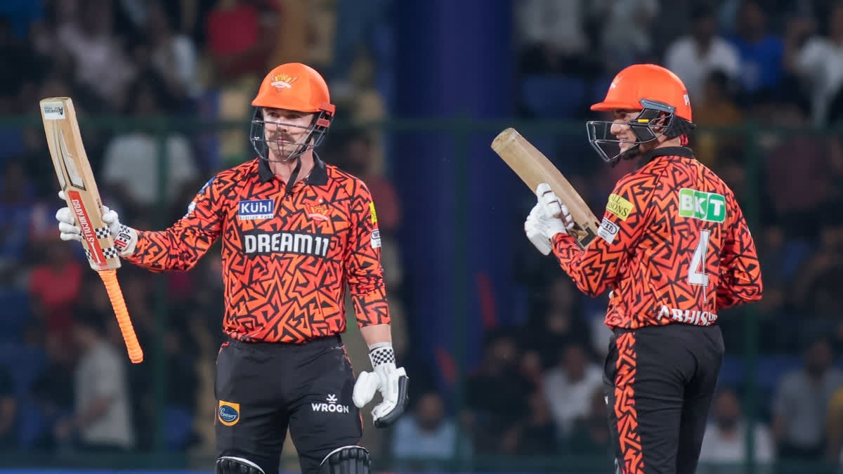 Sunrisers Hyderabad's Travis Head celebrates his half-century during the IPL match between Delhi Capitals and Sunrisers Hyderabad at Arun Jaitley Stadium in New Delhi on Saturday, April 20, 2024.